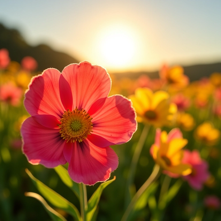 Flores de EVA vibrantes com paisagem brasileira ensolarada ao fundo.