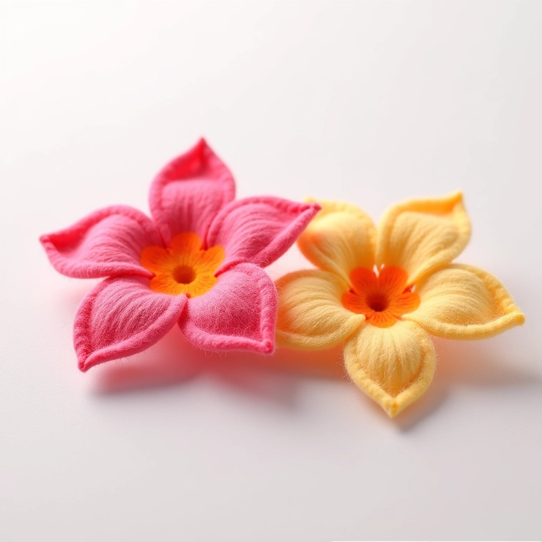 Flores de feltro coloridas em close-up com textura aconchegante.