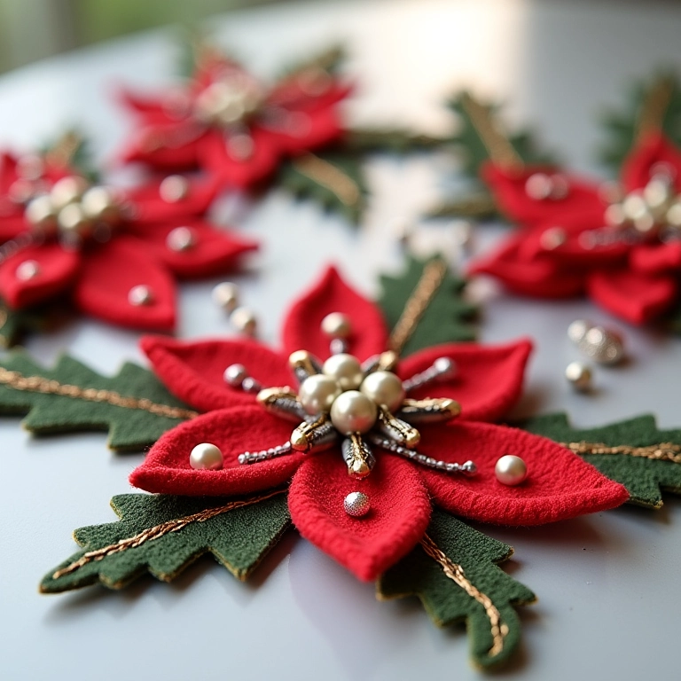 Flores de feltro com detalhes encantadores: miçangas, glitter e bordados.