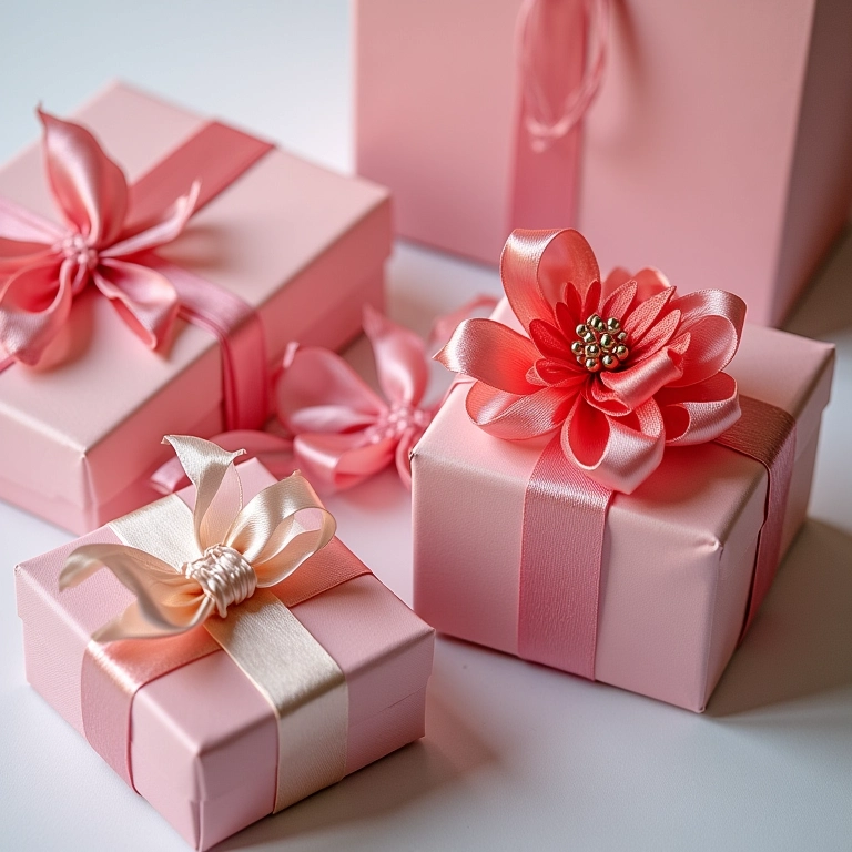 Flores de fita de cetim decorando diversos itens: presilhas, caixas de presente e roupas.