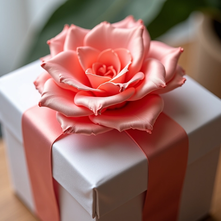 Flores de fita de cetim decorando uma caixa de presente com toque brasileiro.