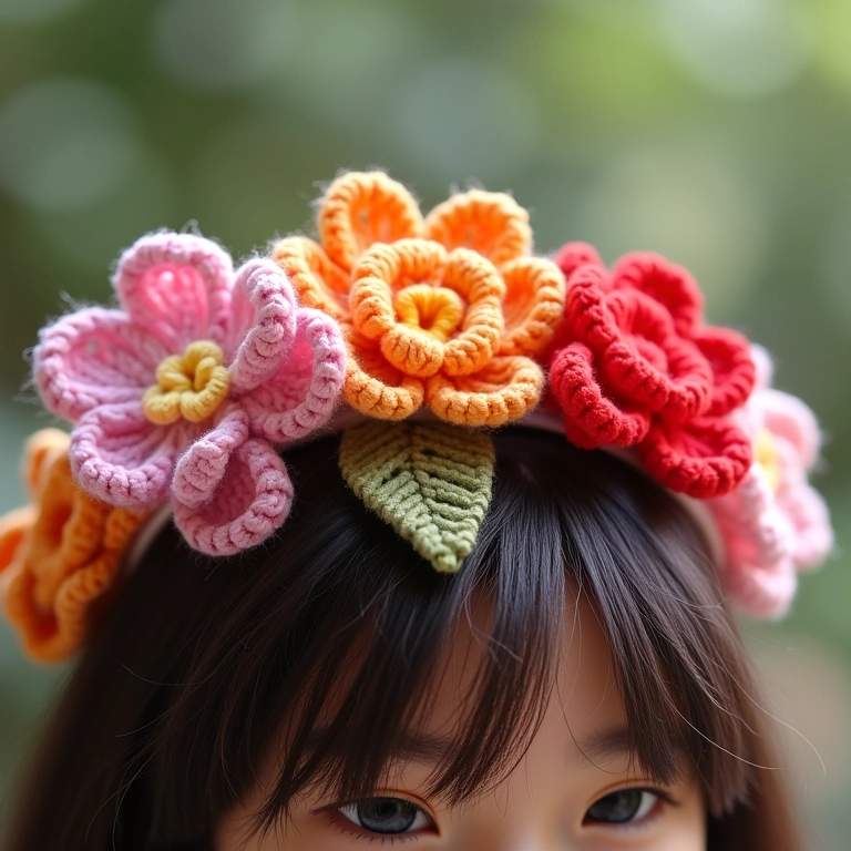 Flores de fita de cetim em amigurumi em cores combinadas.