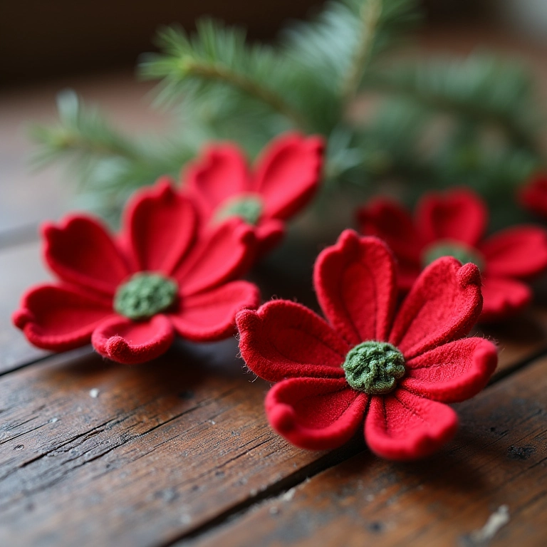 Molde de flor de Natal em feltro: para decorar Flores de Natal em feltro artesanais decorando uma mesa rústica de madeira.