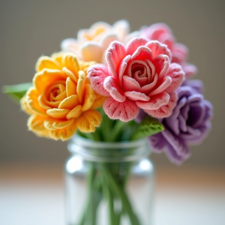 Flores de papel de crochê em um vaso de vidro.