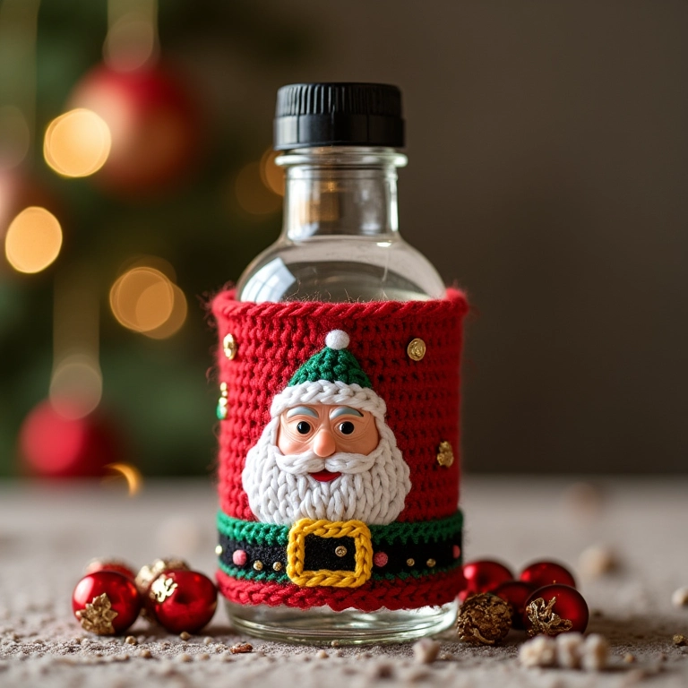 Frasco de álcool em gel decorado com capa de crochê com padrão natalino.