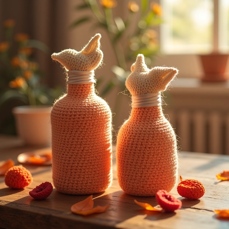 Frascos de água benta de crochê decorados para lembrancinha de Crisma.