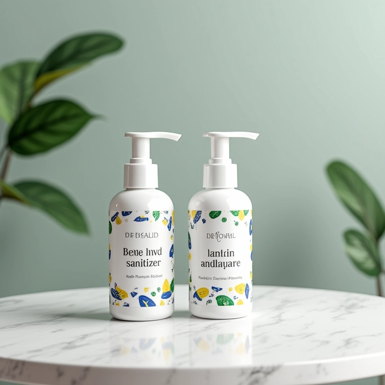 Frascos de álcool em gel personalizados para lembrancinha de maternidade.