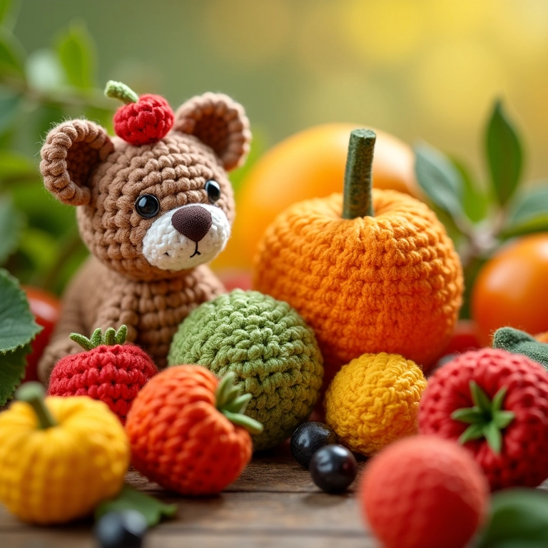 Frutas e folhagens de crochê amigurumi.