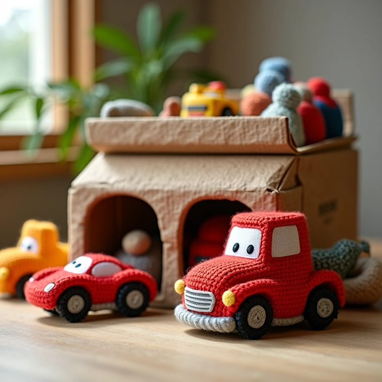 Garagem de carrinhos em amigurumi feita com caixa de sapato reciclada.