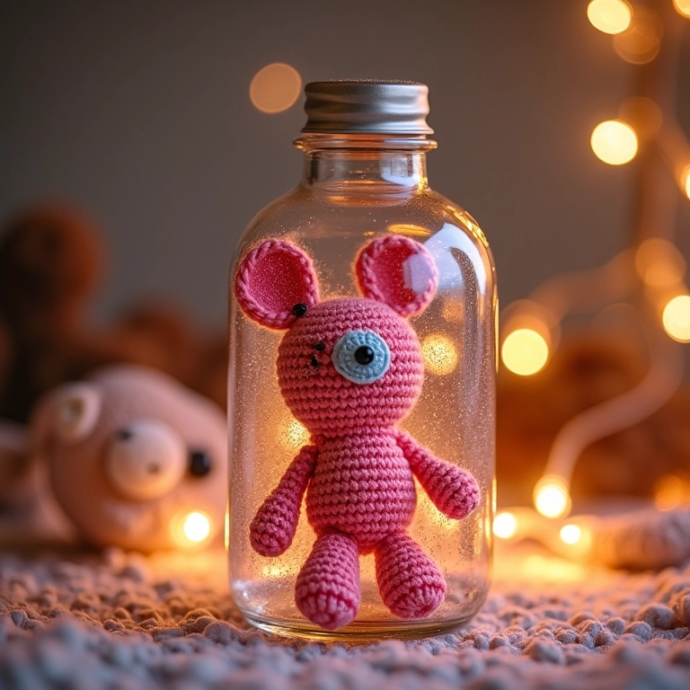 Garrafa com amigurumi brilhante, glitter e crochê para uma decoração festiva.