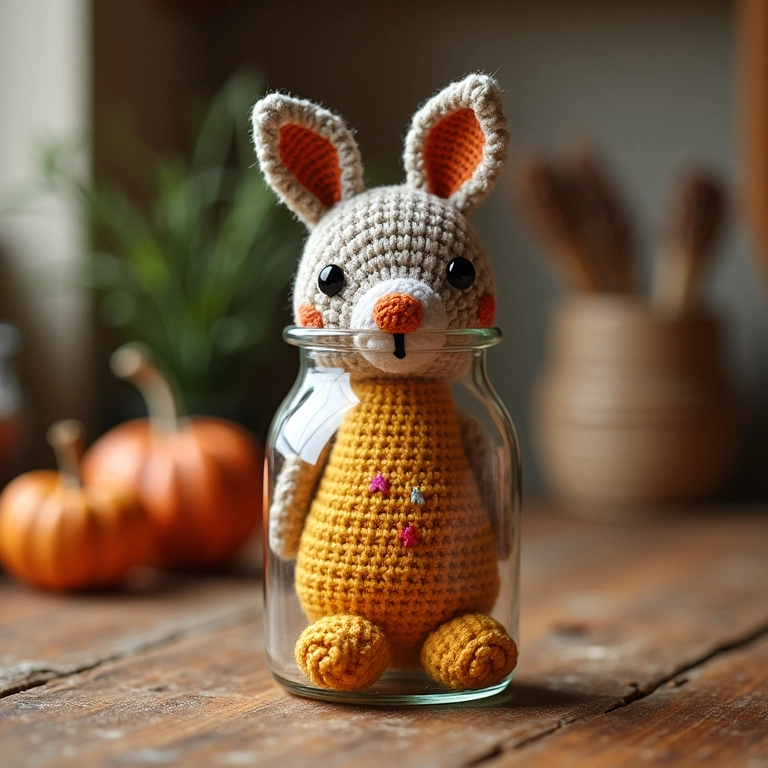 Garrafa com mosaico de crochê, amigurumi colorido e cheio de personalidade.