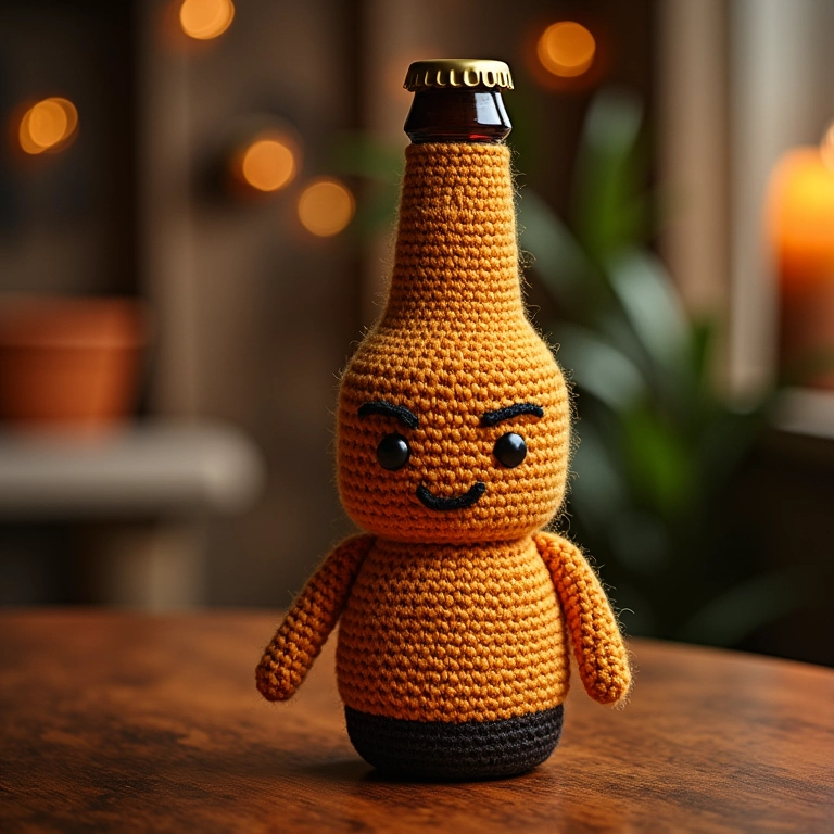 Garrafa de cerveja reaproveitada com amigurumi, decoração criativa e sustentável.