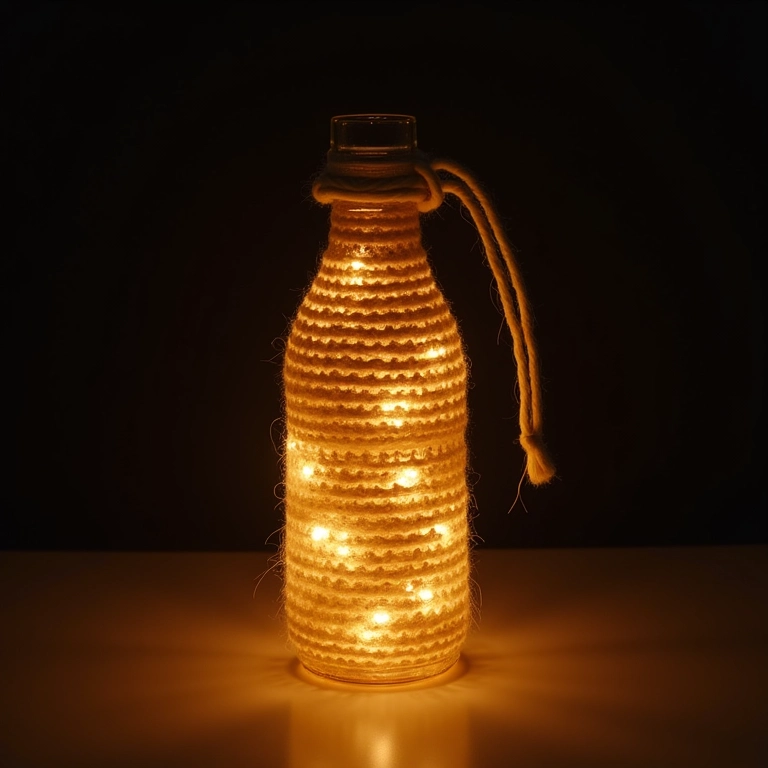 Garrafa de vidro acolhedora com crochê e luzes.