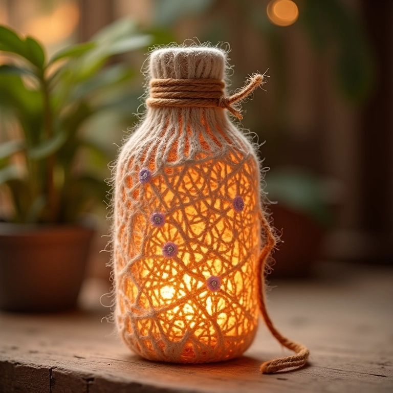 Garrafa de vidro boho com crochê e miçangas.