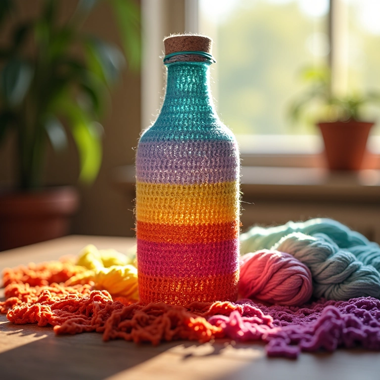 Garrafa de vidro colorida com crochê vibrante em tons alegres.