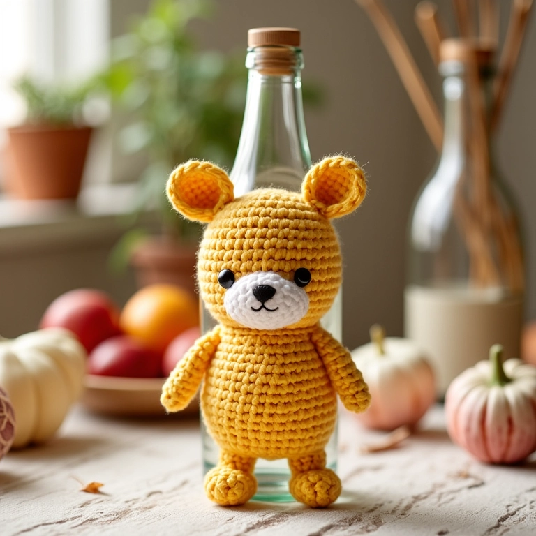 Garrafa de vidro decorada com amigurumi de crochê em tons pastel, ideal para decoração de festas.