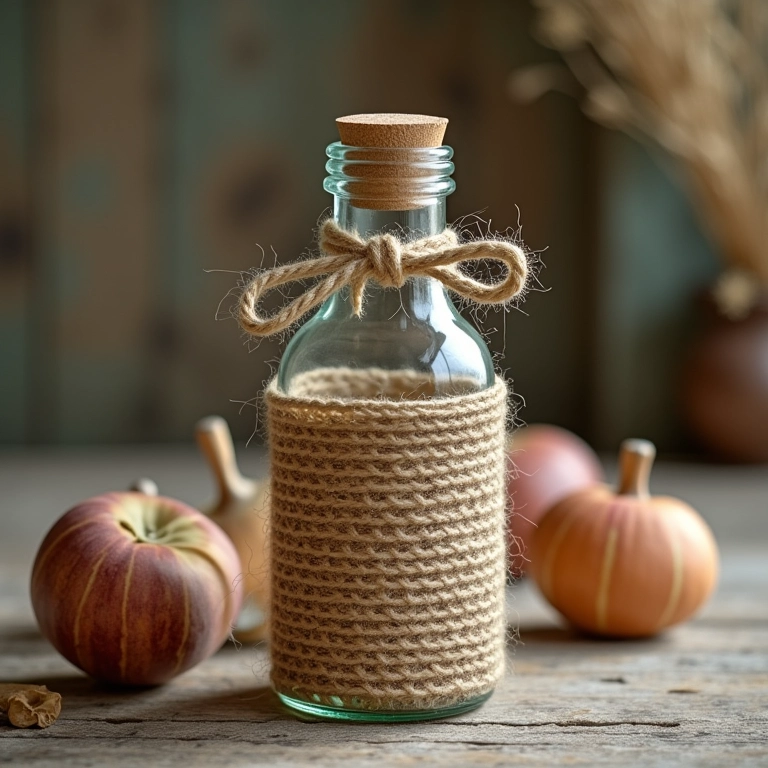 Garrafa de vidro decorada com barbante cru e crochê rústico.
