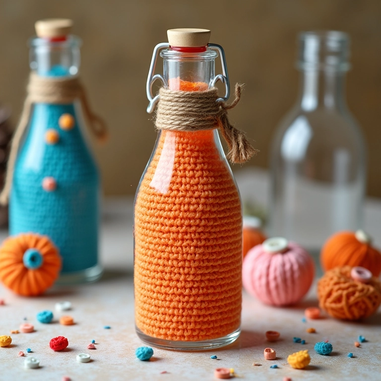 Garrafa de vidro divertida com crochê e botões.