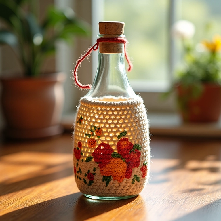 Garrafa de vidro moderna com crochê de barbante e pintura.