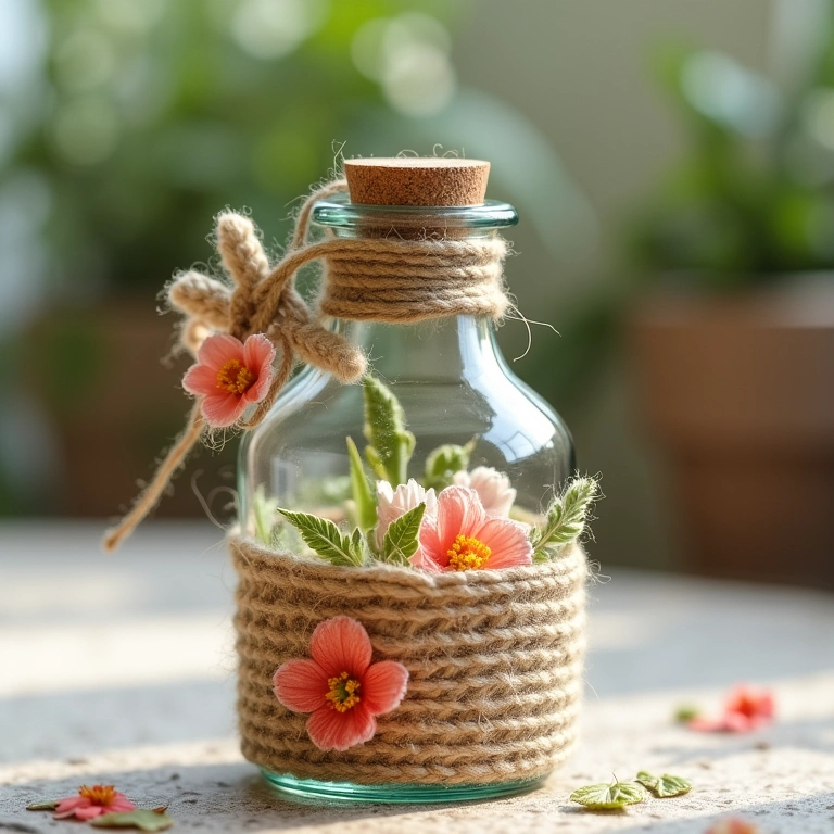 Garrafa de vidro natural com crochê de barbante e flores.