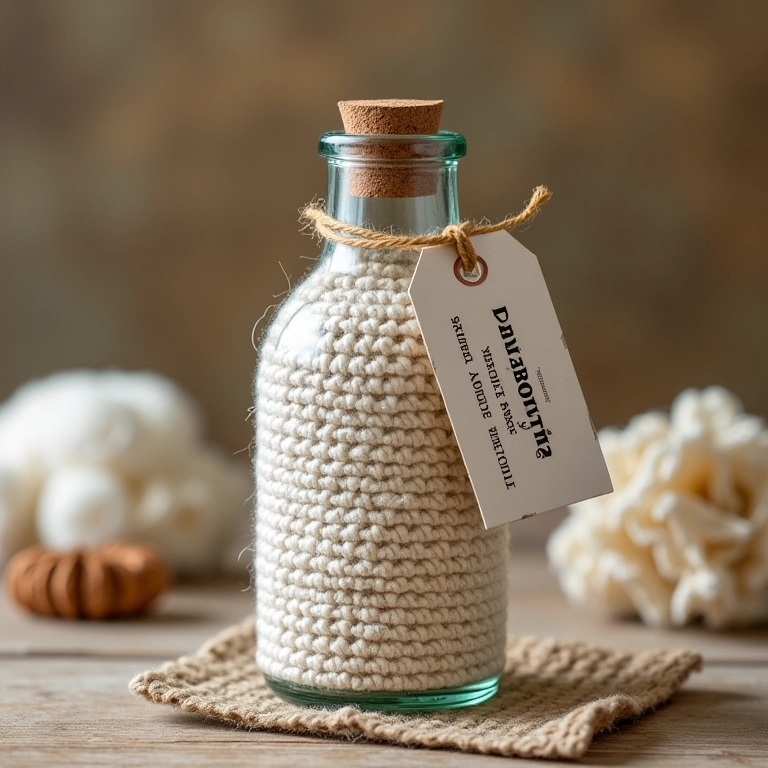 Garrafa de vidro personalizada com crochê e mensagem.