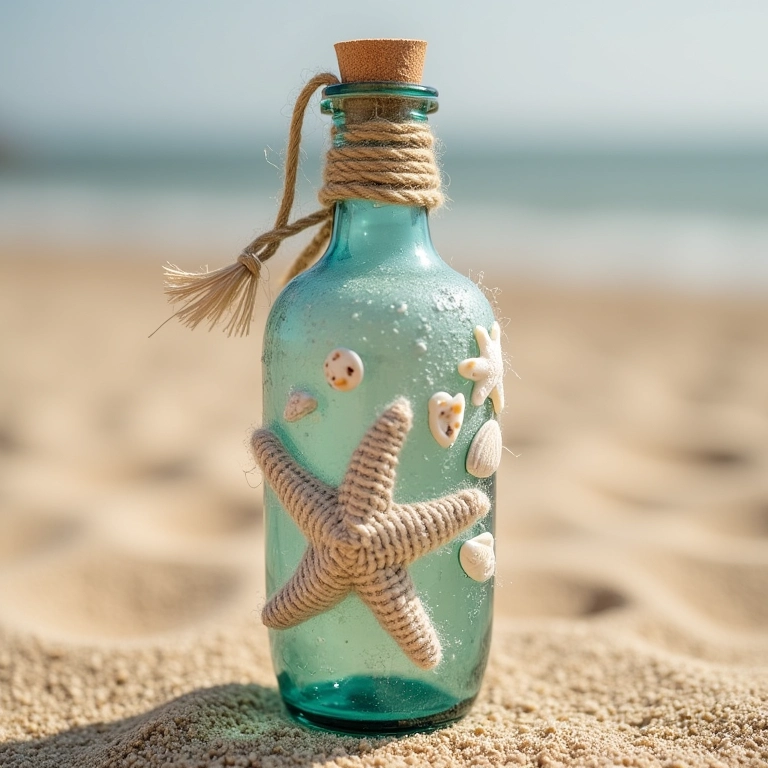 Garrafa de vidro praiana com crochê e conchas.