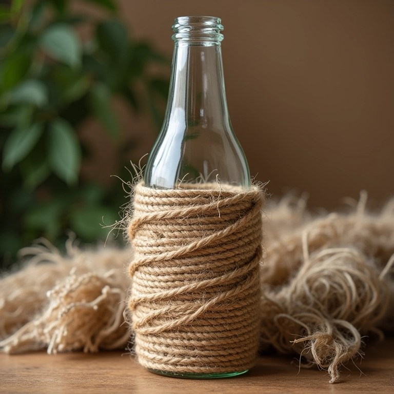 Garrafa de vidro revestida com amigurumi que imita barbante ou sisal, decoração rústica e charmosa.