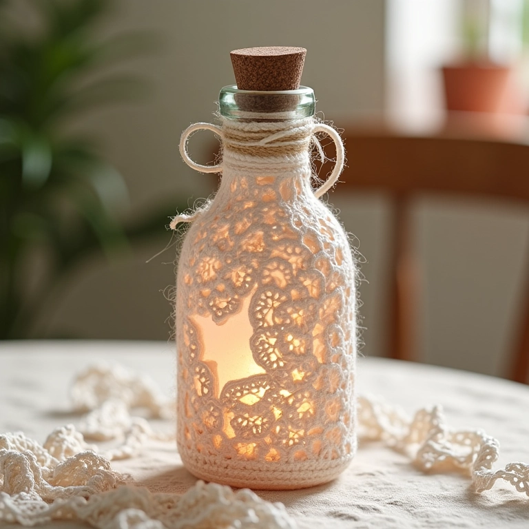Garrafa de vidro romântica com crochê de barbante e detalhes em renda.
