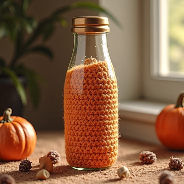 Garrafa de vidro totalmente revestida com amigurumi que imita tecido, peça única e artesanal.