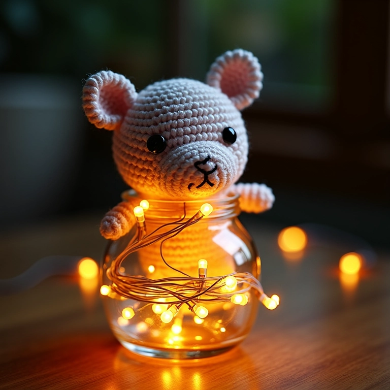Garrafa decorada com amigurumi e luzes de LED, ambiente aconchegante e iluminado.