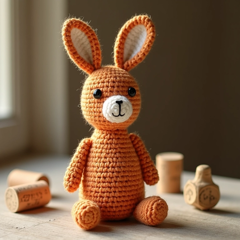 Garrafa decorada com amigurumi e rolhas, reaproveitamento criativo e sustentável.