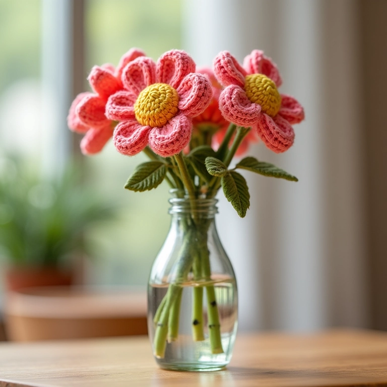 Garrafa transformada em vaso de flores com detalhes em amigurumi, decoração delicada e charmosa.