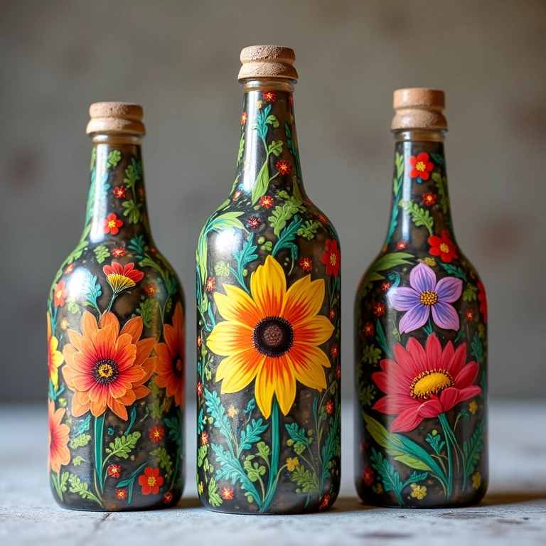 Decoupage em garrafas: de vidro passo a passo Garrafas de vidro decoradas com decoupage, exibindo padrões florais vibrantes.