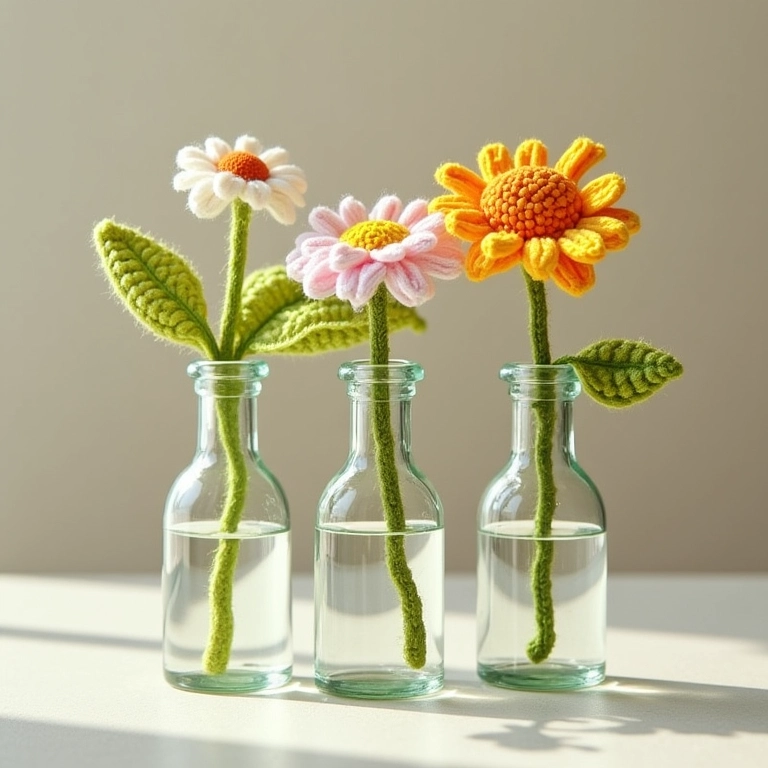 Garrafas de vidro decoradas com flores e folhas de amigurumi.