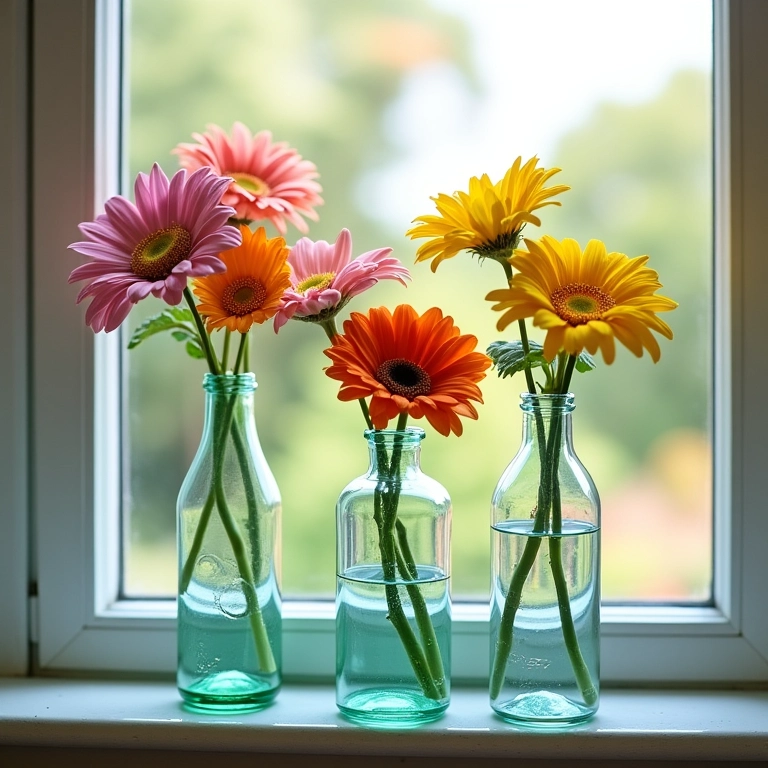 Garrafas de vidro transformadas em vasos de flores.