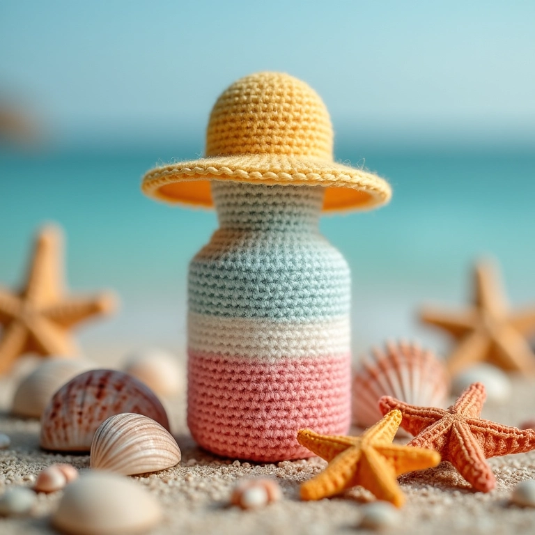 Garrafas decoradas com conchas, estrelas do mar e detalhes em crochê, tema praia para sua festa.