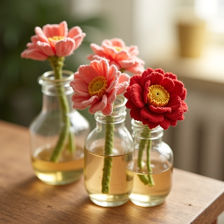 Garrafas decoradas com flores de crochê, um toque elegante e artesanal para sua festa.