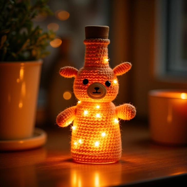 Garrafas decoradas com luzes e detalhes em crochê, brilho e encanto para uma noite mágica.