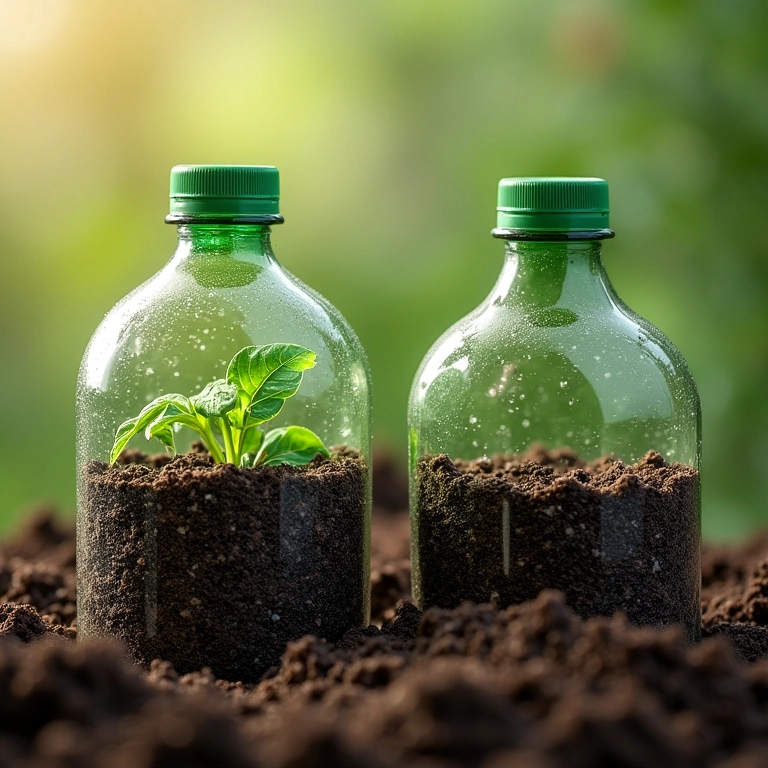 Garrafas pet com cobertura morta e drenagem adequada para evitar que a terra seque.