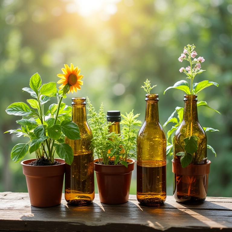 Garrafas pet transformadas em vasos de plantas, exibindo diferentes ervas e flores em uma varanda.
