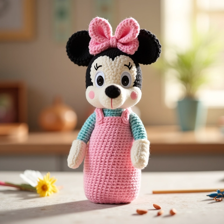 Garrafinha da Minnie com laço e orelhas de crochê.