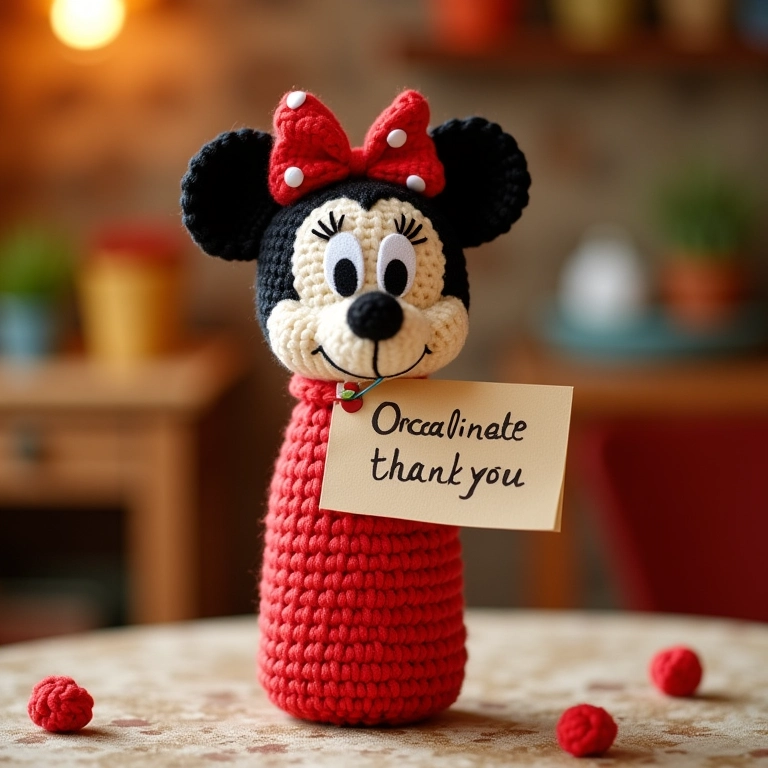 Garrafinha da Minnie com mensagem de agradecimento.