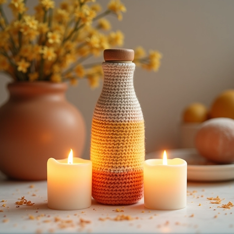 Garrafinha de crochê com pequenas velas.
