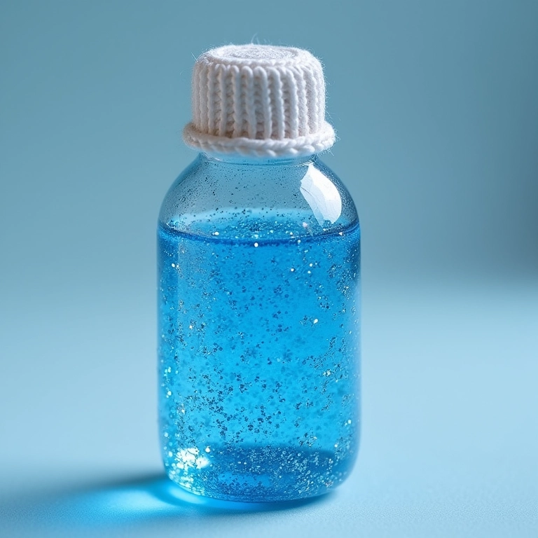 Garrafinhas com água azul e glitter em crochê.