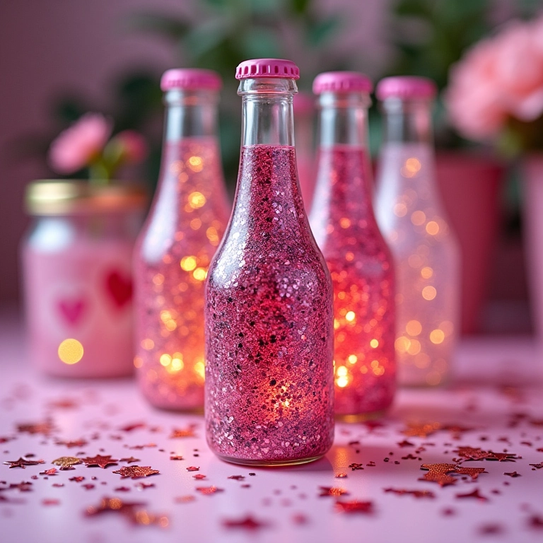 Garrafinhas com glitter e confetes da Minnie para decoração de festa.