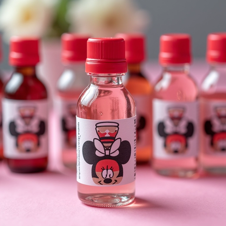 Garrafinhas com rótulos personalizados da Minnie para lembrancinhas.