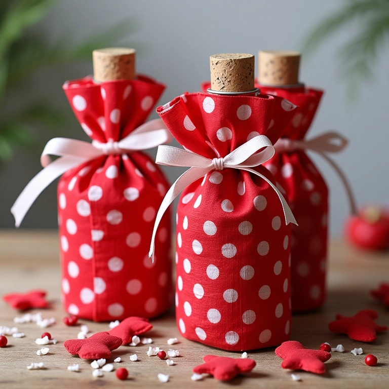 Garrafinhas com tecido e laços vermelhos e brancos para lembrancinhas.