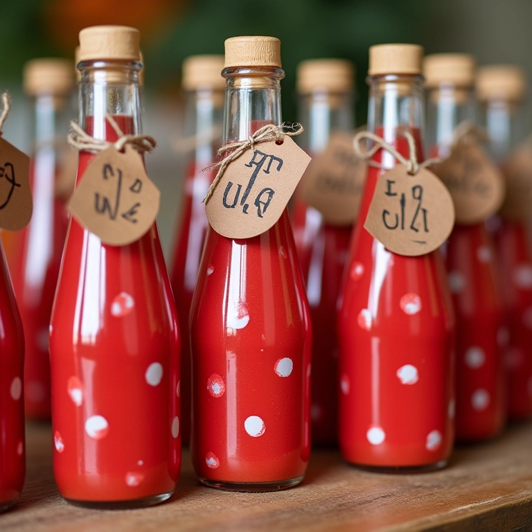 Garrafinhas decoradas com E.V.A. de bolinhas vermelhas para lembrancinhas.