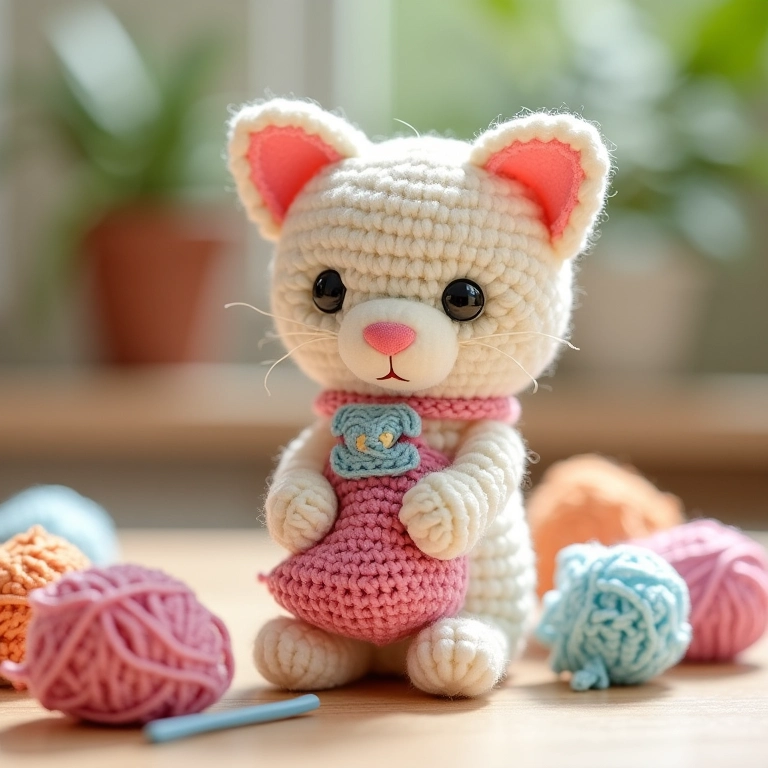 Gato amigurumi com técnica flip cup, tons pastel.