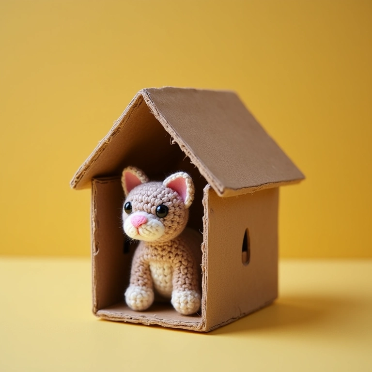 Gato de crochê espiando de uma casinha de papelão.